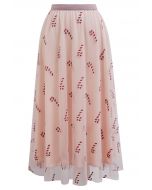 Shimmer Candy Cane Mesh Tulle Midi Skirt in Pink