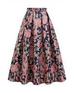 Falda midi plisada de jacquard con rosas encantadas en azul marino