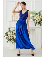 V-Neck Sequins Spliced Sleeveless Gown in Royal Blue