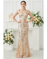 Floral Sequin Sweetheart Neck Mermaid Gown in Apricot