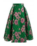 Falda midi de jacquard con cuadrícula y estampado floral en verde