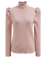 Blusa de punto con cuello alto y mangas cortas en color rosa polvoriento