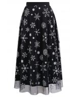 Falda midi de tul con malla y copos de nieve y estrellas brillantes en color negro