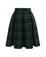 Falda de tweed plisada de cintura alta con cuadros escoceses brillantes en verde oscuro