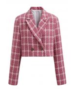 Blazer corto de tweed a cuadros con hombros acolchados en rosa