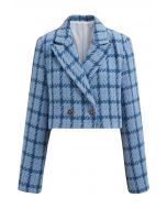 Blazer corto de tweed a cuadros con hombros acolchados en azul