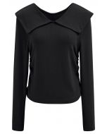 Blusa de manga larga con cuello de solapa y laterales fruncidos en color negro