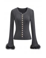 Feather Trim Cuff Golden Button Knit Top in Smoke