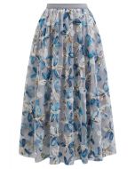 Falda midi de malla de doble capa Petal Symphony en azul