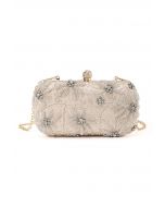 Beaded Floral Embroidered Clutch in Champagne