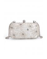 Beaded Floral Embroidered Clutch in Silver