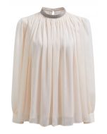 Blusa transparente con escote de cuentas brillantes en rosa claro