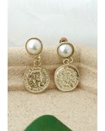 Pendientes colgantes con perla y monedas de oro vintage