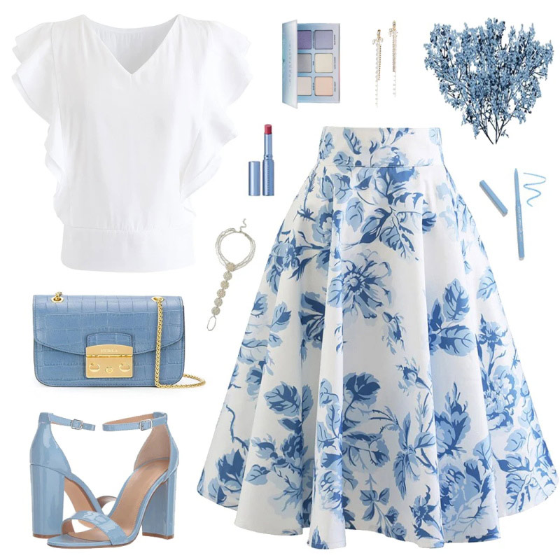 Falda a media pierna con vuelo de peonía azul acuarela - Retro, Indie and  Unique Fashion